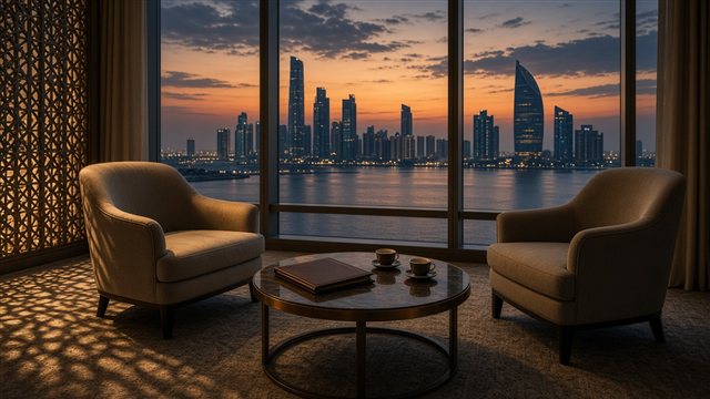 Two empty armchairs facing each other in a private meeting room overlooking the Abu Dhabi skyline at dusk