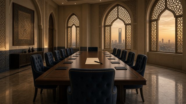 Empty formal negotiating hall in Riyadh at dusk with an unsigned document and pen on the table
