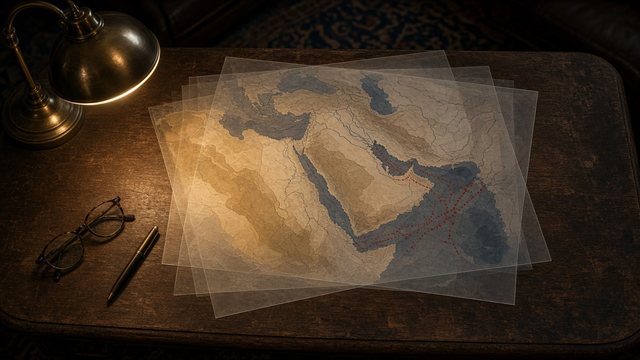 Several translucent maps of the Middle East layered and slightly misaligned on a desk under a lamp