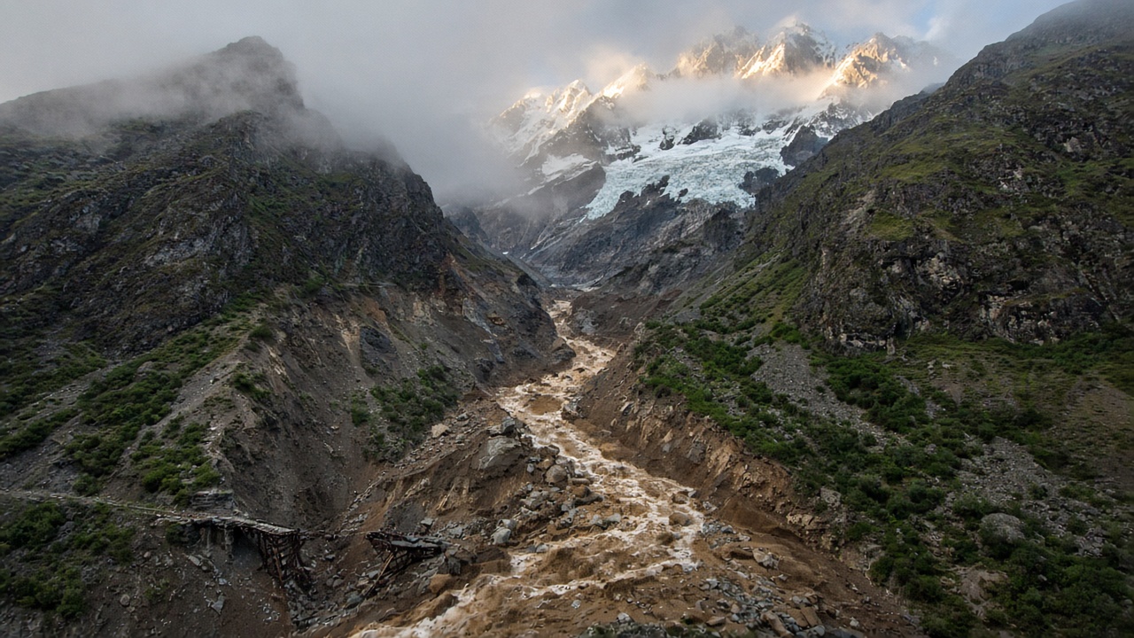 Himalayan mountain valley scarred by a debris flow of mud, ice, and rock