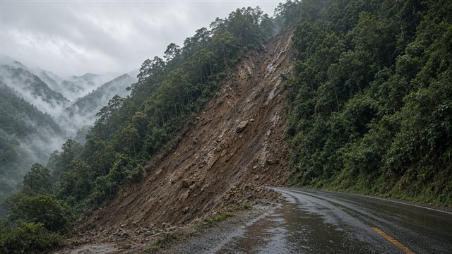 Steep Japanese mountainside after a rain-triggered landslide beside a wet road
