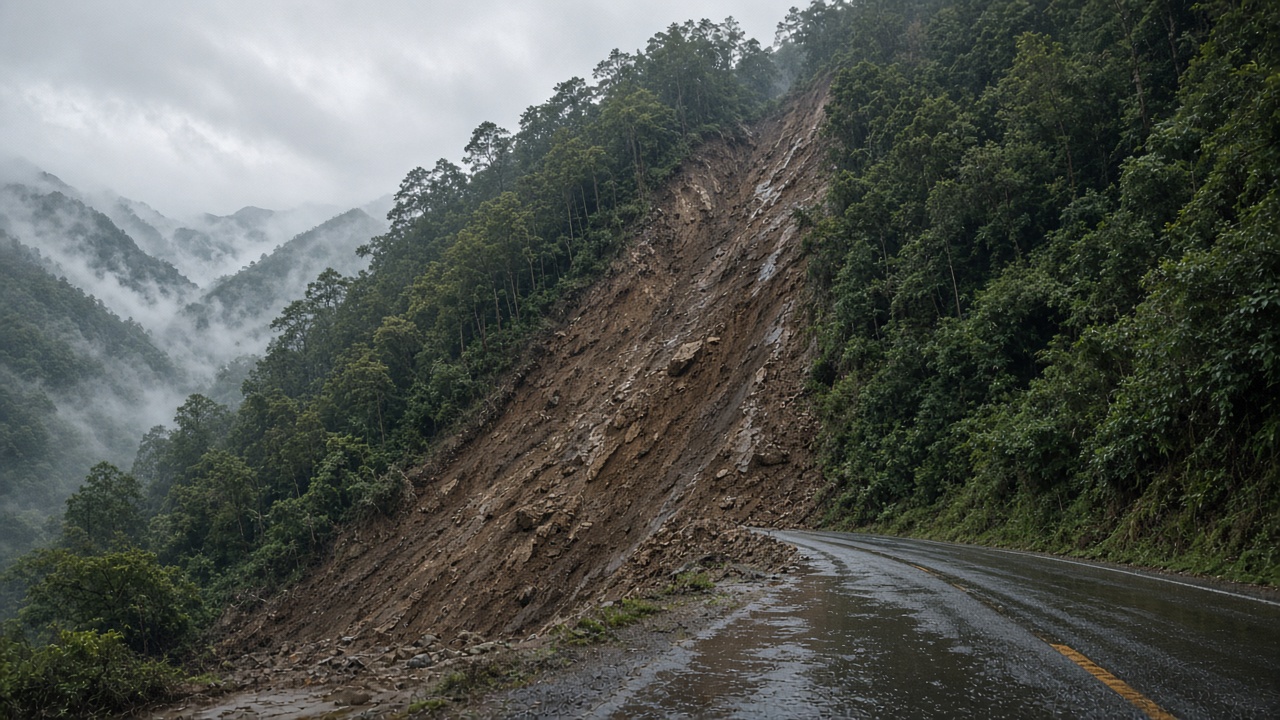 Steep Japanese mountainside after a rain-triggered landslide beside a wet road
