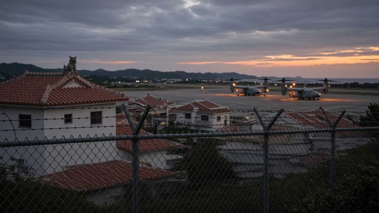 Okinawan houses with red-tiled roofs and a shisa lion statue beside a military airfield with tiltrotor aircraft, seen through a barbed-wire fence at dusk