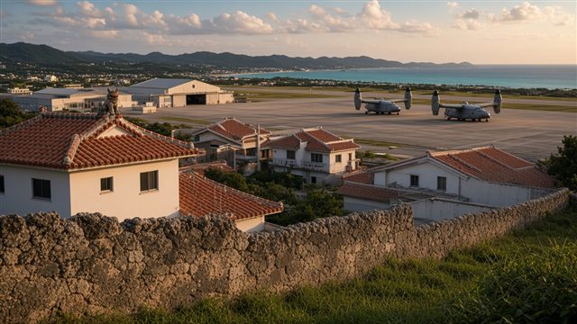 An old coral-stone wall on a hillside overlooking Okinawan houses with red-tiled roofs and a large military airfield stretching toward the sea