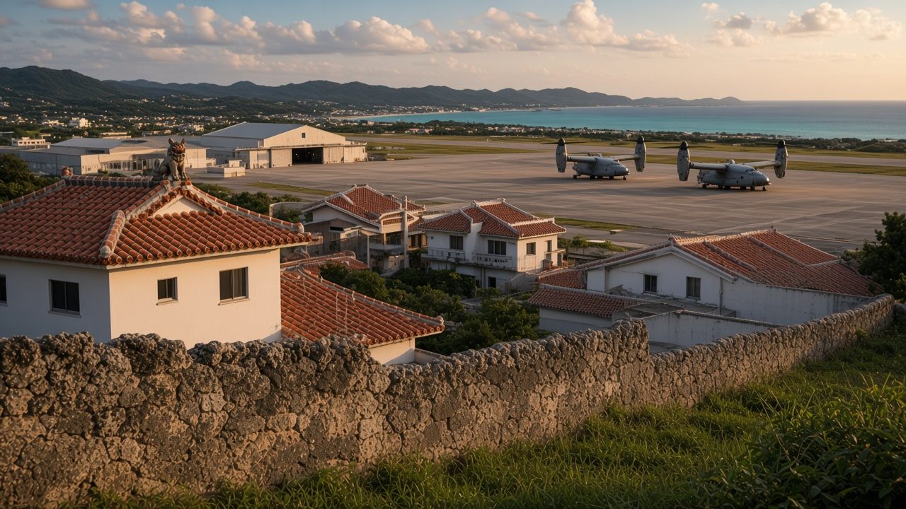 An old coral-stone wall on a hillside overlooking Okinawan houses with red-tiled roofs and a large military airfield stretching toward the sea
