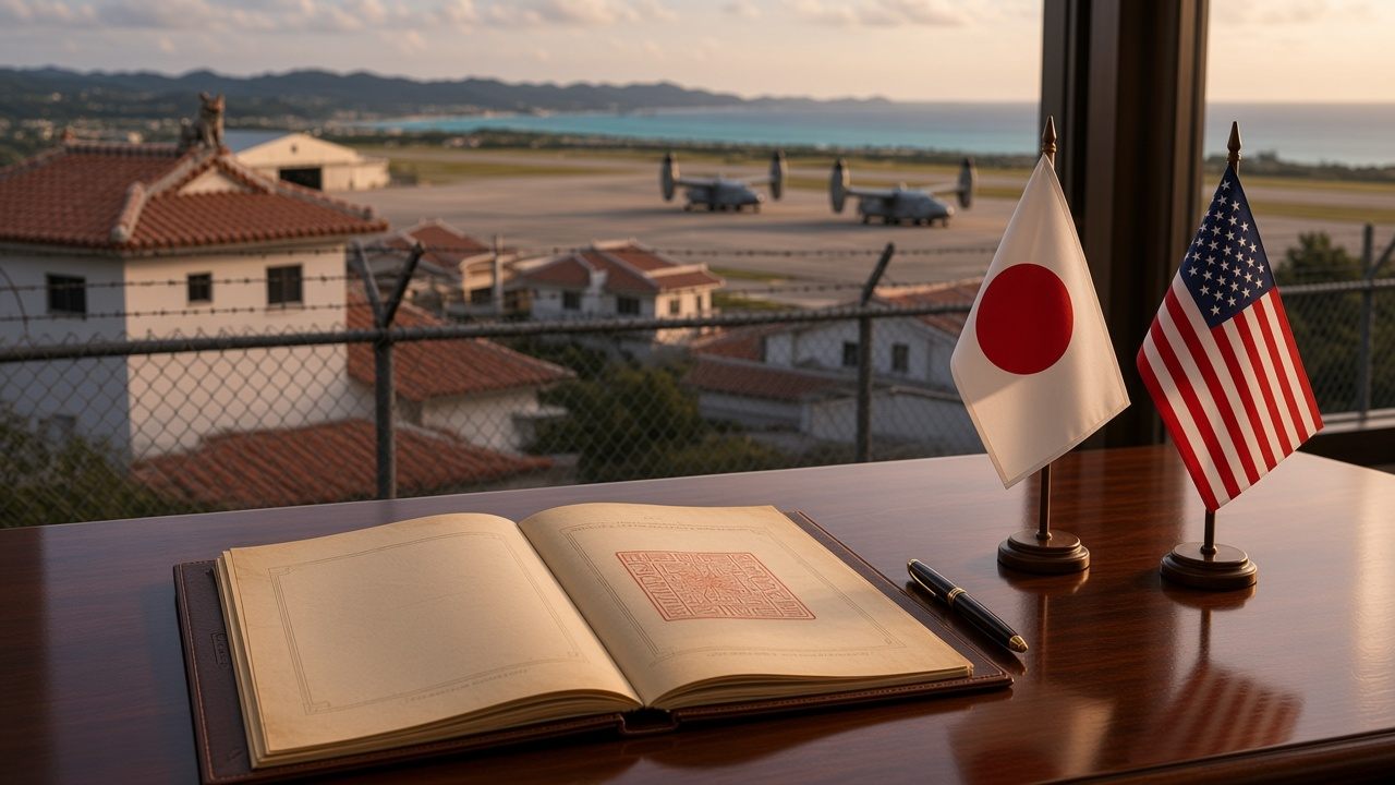An open treaty binder and fountain pen on a wooden table beside Japanese and U.S. flags, with an Okinawan coastal airfield soft-focus beyond the window