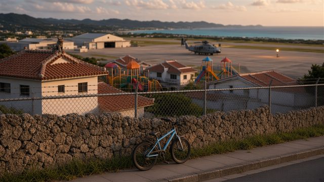 A Marine Corps airfield surrounded by Okinawan houses with red-tiled roofs, a school playground, and a residential sidewalk with a bicycle outside the perimeter fence at late afternoon