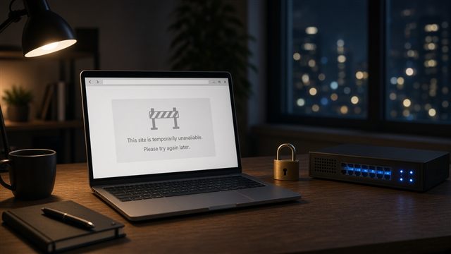 A laptop showing a temporarily unavailable browser page beside a padlock and a small network server box on a desk at night