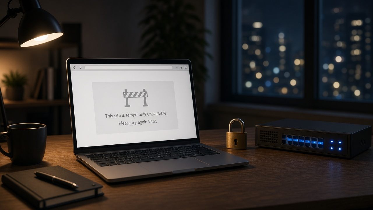 A laptop showing a temporarily unavailable browser page beside a padlock and a small network server box on a desk at night