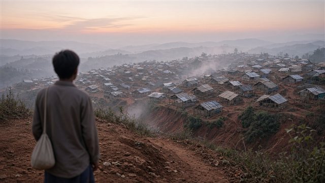 A boy seen from behind looking out over a hillside refugee camp of small shelters at dawn