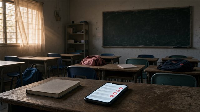 An empty classroom with backpacks left on the desks and a smartphone showing angry social media reactions