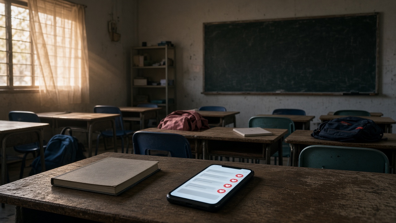 An empty classroom with backpacks left on the desks and a smartphone showing angry social media reactions