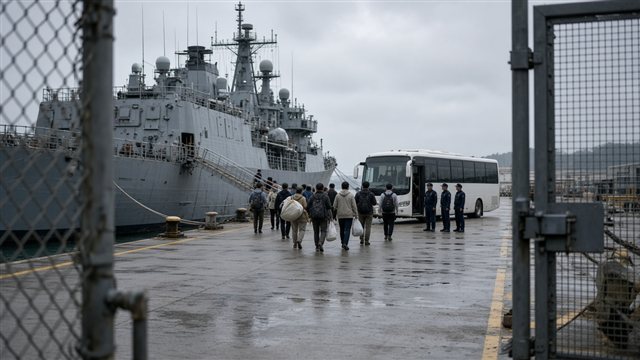People seen from behind walking along a wet naval quay toward a grey ship, framed by a fence and gate