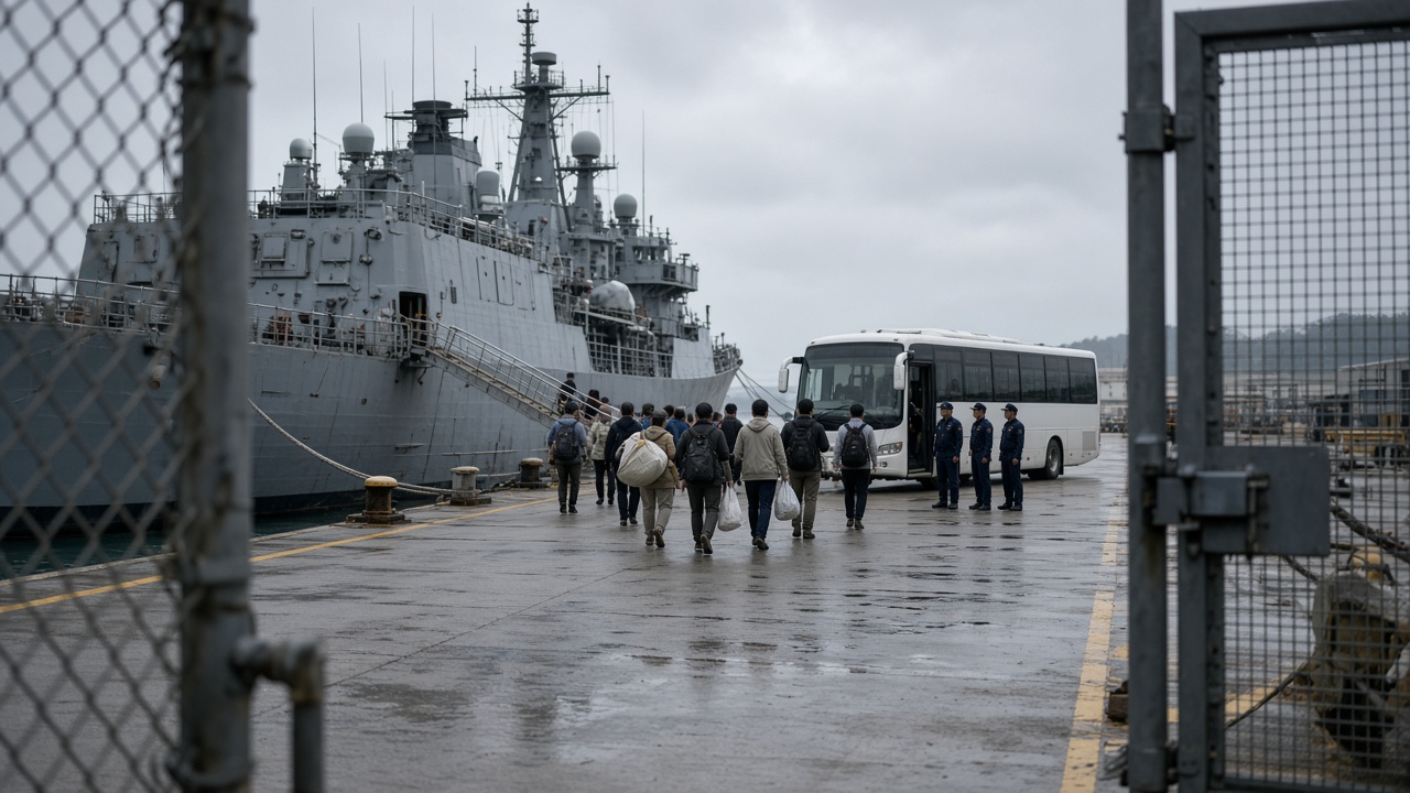 People seen from behind walking along a wet naval quay toward a grey ship, framed by a fence and gate