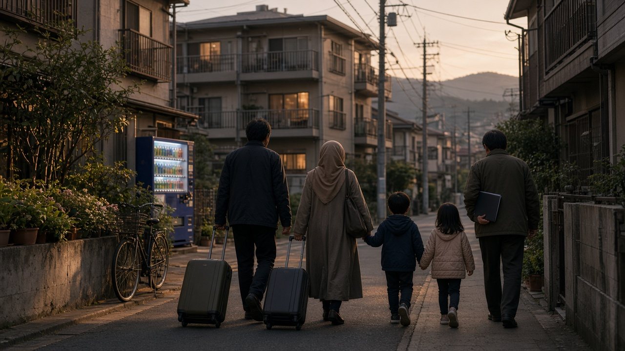 A family seen from behind walking with suitcases down a quiet Japanese residential street at dusk, beside a support worker
