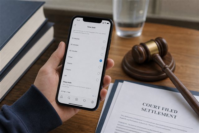 Teenager smartphone with social media time limits beside legal documents suggesting a tech settlement