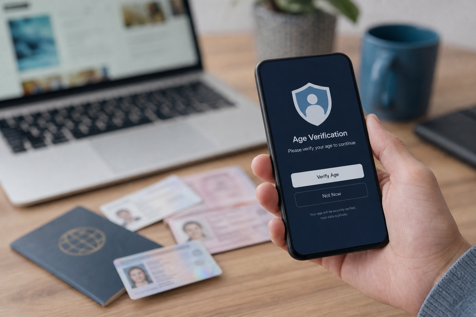 Smartphone age check screen beside identification documents suggesting privacy and age verification