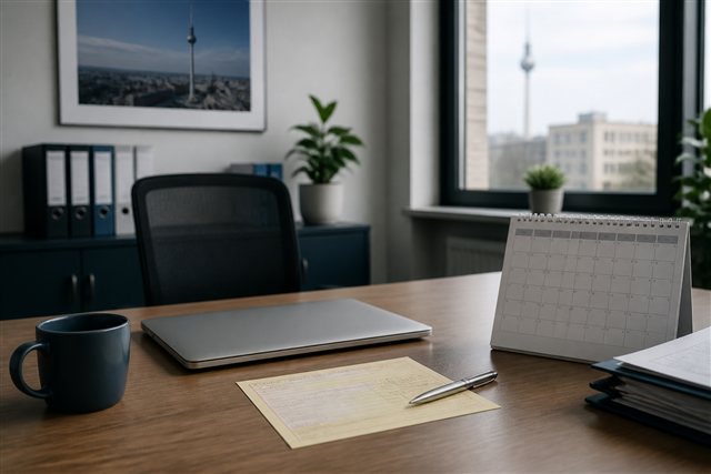 Empty German office desk with medical certificate suggesting sick-leave statistics