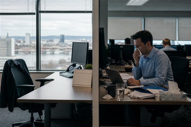 Empty office chair beside a worker continuing at a desk suggesting sick leave and presenteeism