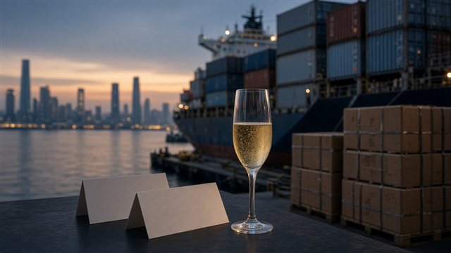 Sparkling wine at a formal dinner table overlooking a cargo port and shipping containers