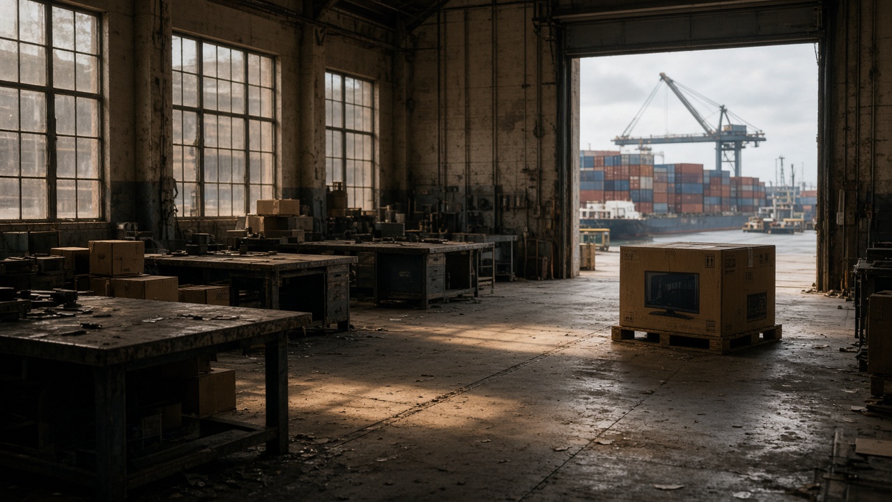 Empty American factory floor with an imported television carton and a busy container port beyond the loading bay