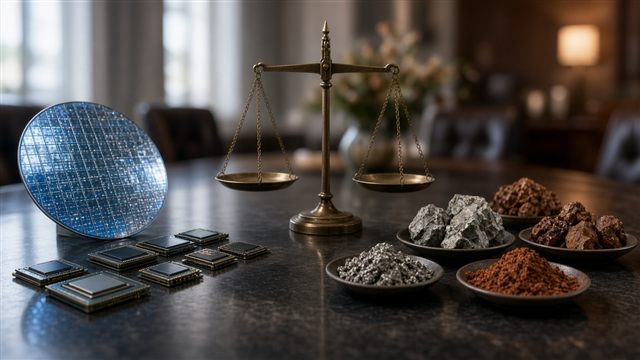 Computer chips and a silicon wafer facing dishes of rare-earth ore across a level balance scale on a negotiating table