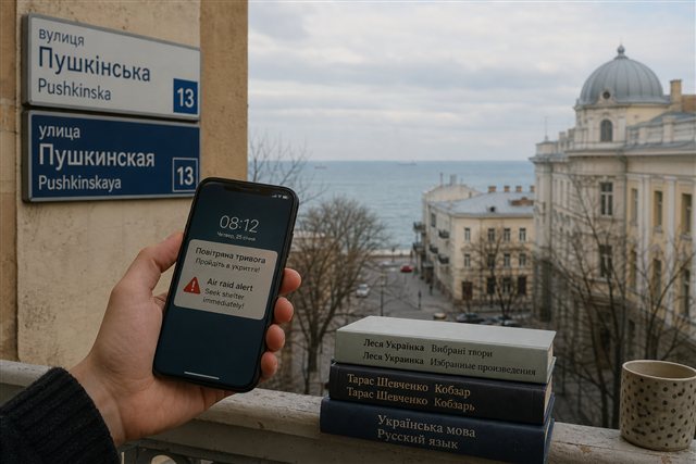 Odesa street scene with phone alert suggesting language, identity, and war in Ukraine
