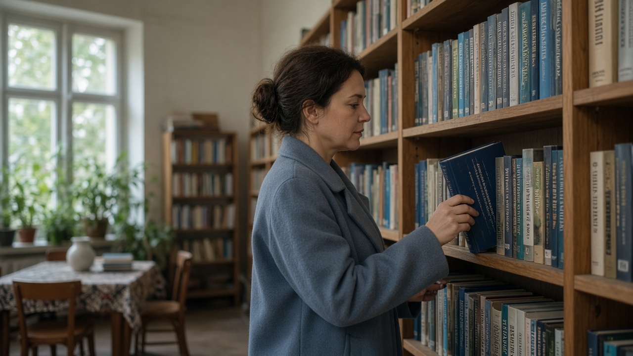 Ukrainian books in a library suggesting reclaiming language and culture