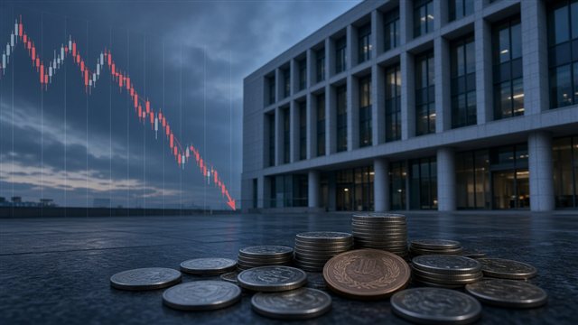 Japanese yen coins and a falling exchange-rate chart suggesting a weaker yen after a rate hike
